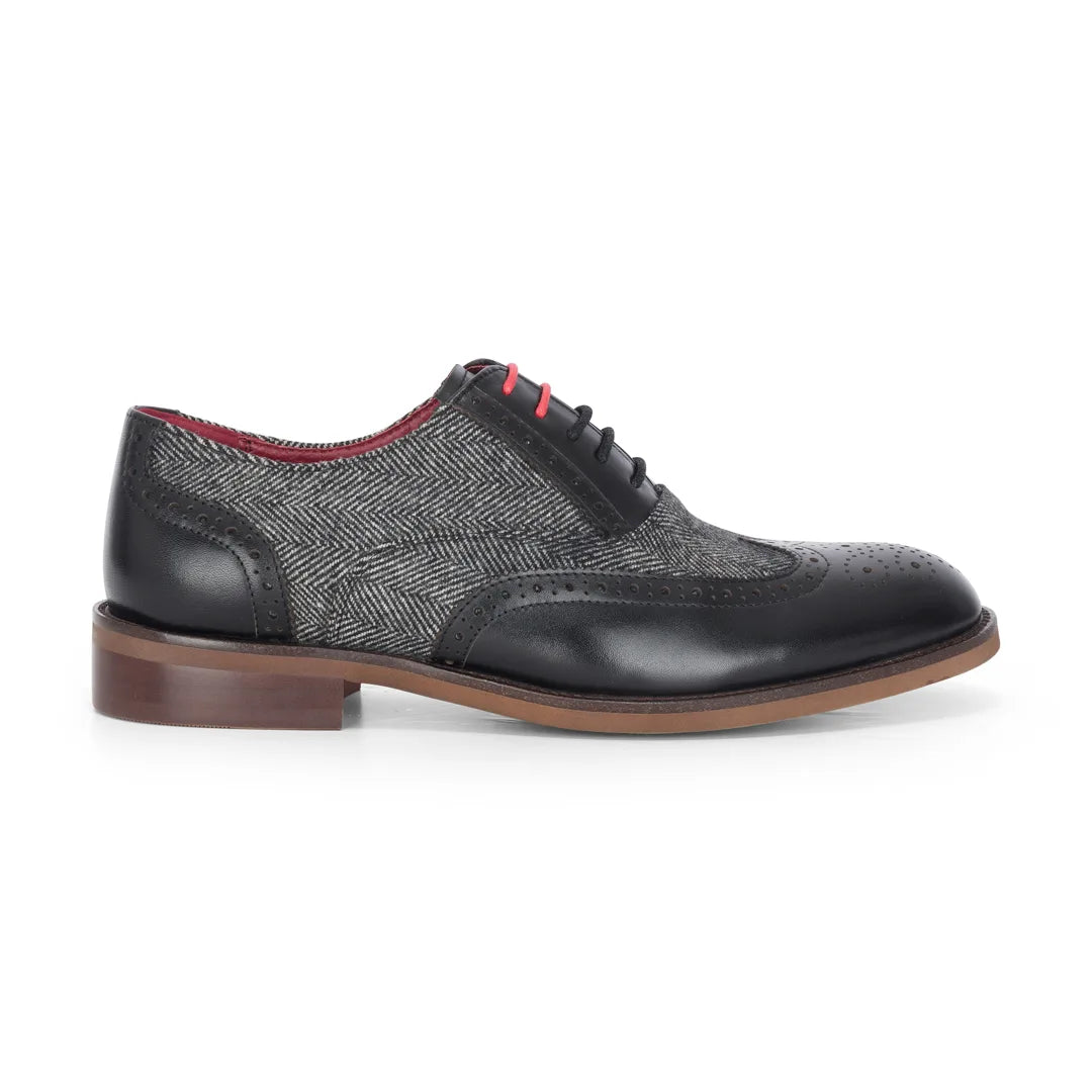 Albert - Ανδρικά Μαύρα Δερμάτινα Παπούτσια Brogue με Λεπτομέρειες από Τουίντ