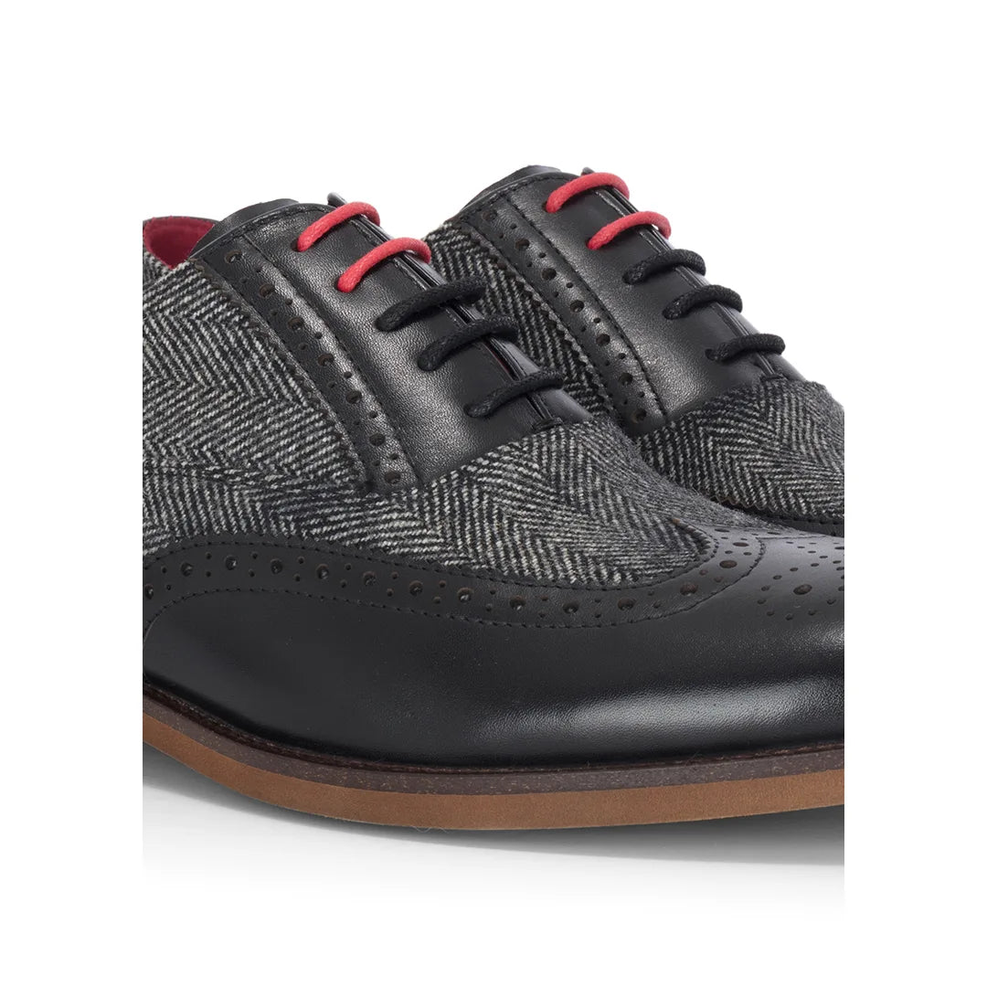 Albert - Ανδρικά Μαύρα Δερμάτινα Παπούτσια Brogue με Λεπτομέρειες από Τουίντ