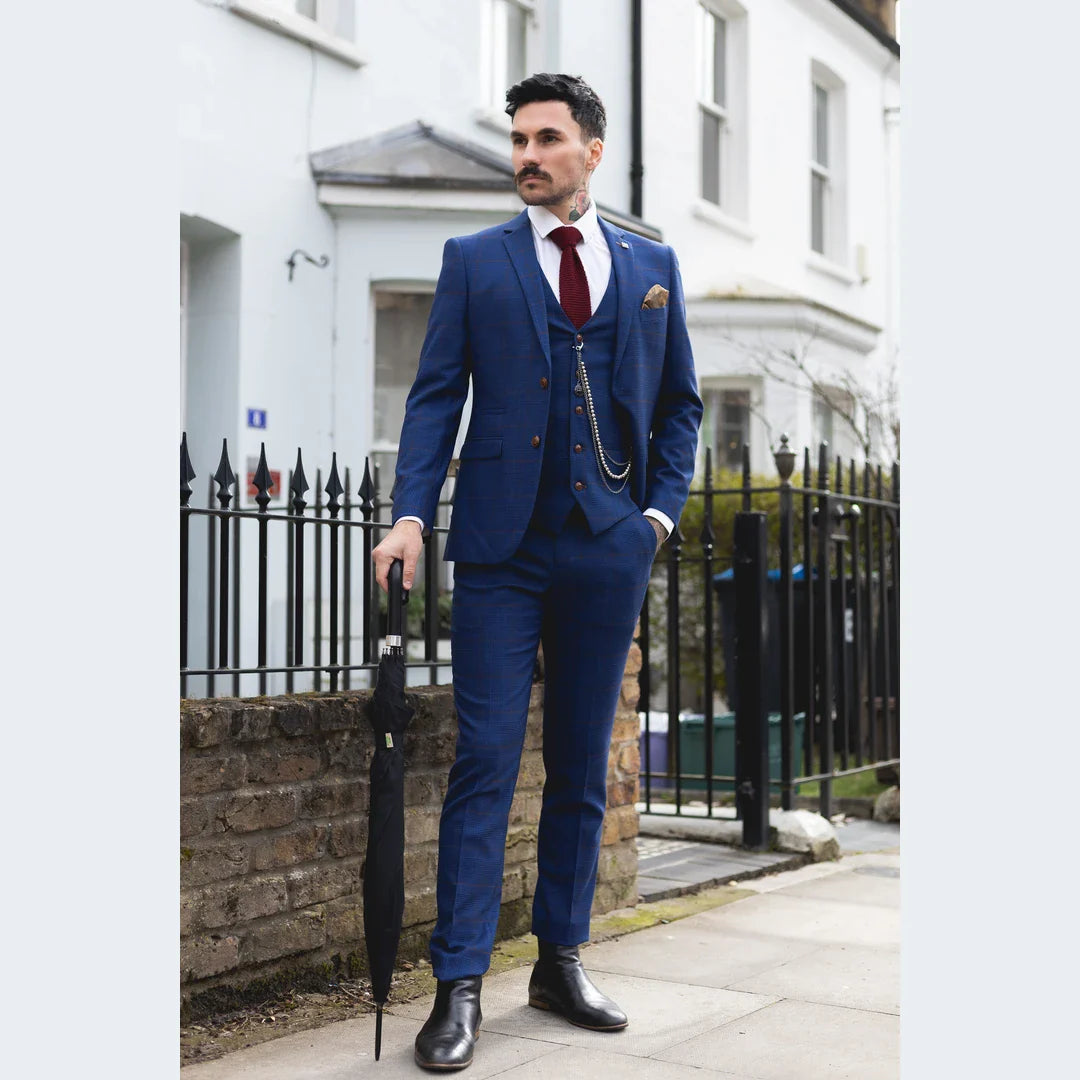 Ανδρικό Μπλε Καφέ Καρό Κοστούμι 3 Τεμαχίων σε Προσαρμοσμένη Εφαρμογή Γάμος, Χορός Αγώνων Prince Of Wales