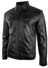 Ανδρικό Δερμάτινο Μπουφάν Biker Style Vintage Μαύρο με Τσέπες με Φερμουάρ, Casual Εφαρμοστό - Μαύρο