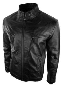 Ανδρικό Δερμάτινο Μπουφάν Biker Style Vintage Μαύρο με Τσέπες με Φερμουάρ, Casual Εφαρμοστό - Μαύρο