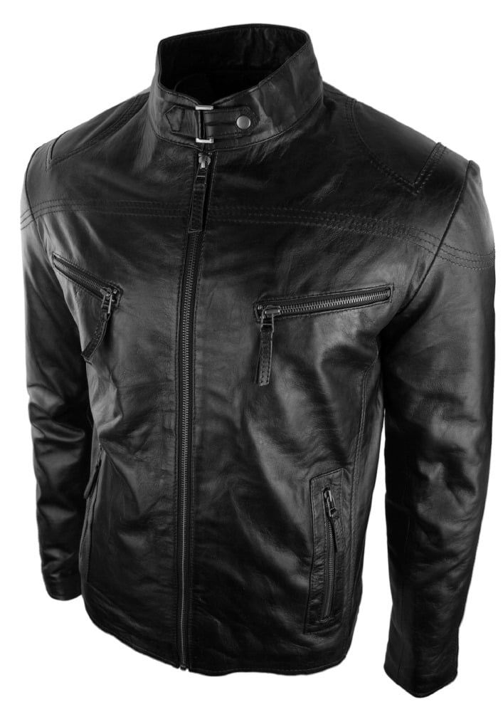 Ανδρικό Δερμάτινο Μπουφάν Biker Style Vintage Μαύρο με Τσέπες με Φερμουάρ, Casual Εφαρμοστό - Μαύρο