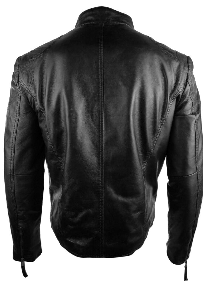 Ανδρικό Δερμάτινο Μπουφάν Biker Style Vintage Μαύρο με Τσέπες με Φερμουάρ, Casual Εφαρμοστό - Μαύρο