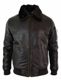 Ανδρικό μπουφάν bomber με καπιτονέ γιακά Pilot από γούνα και γιακά από γνήσιο δέρμα, μαύρο vintage καφέ-καφέ
