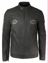 Ανδρικό Δερμάτινο Vintage Καφέ Racer Badge Biker Jacket, Πλυμένο, Στενή Γραμμή