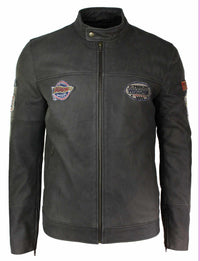 Ανδρικό Δερμάτινο Vintage Καφέ Racer Badge Biker Jacket, Πλυμένο, Στενή Γραμμή