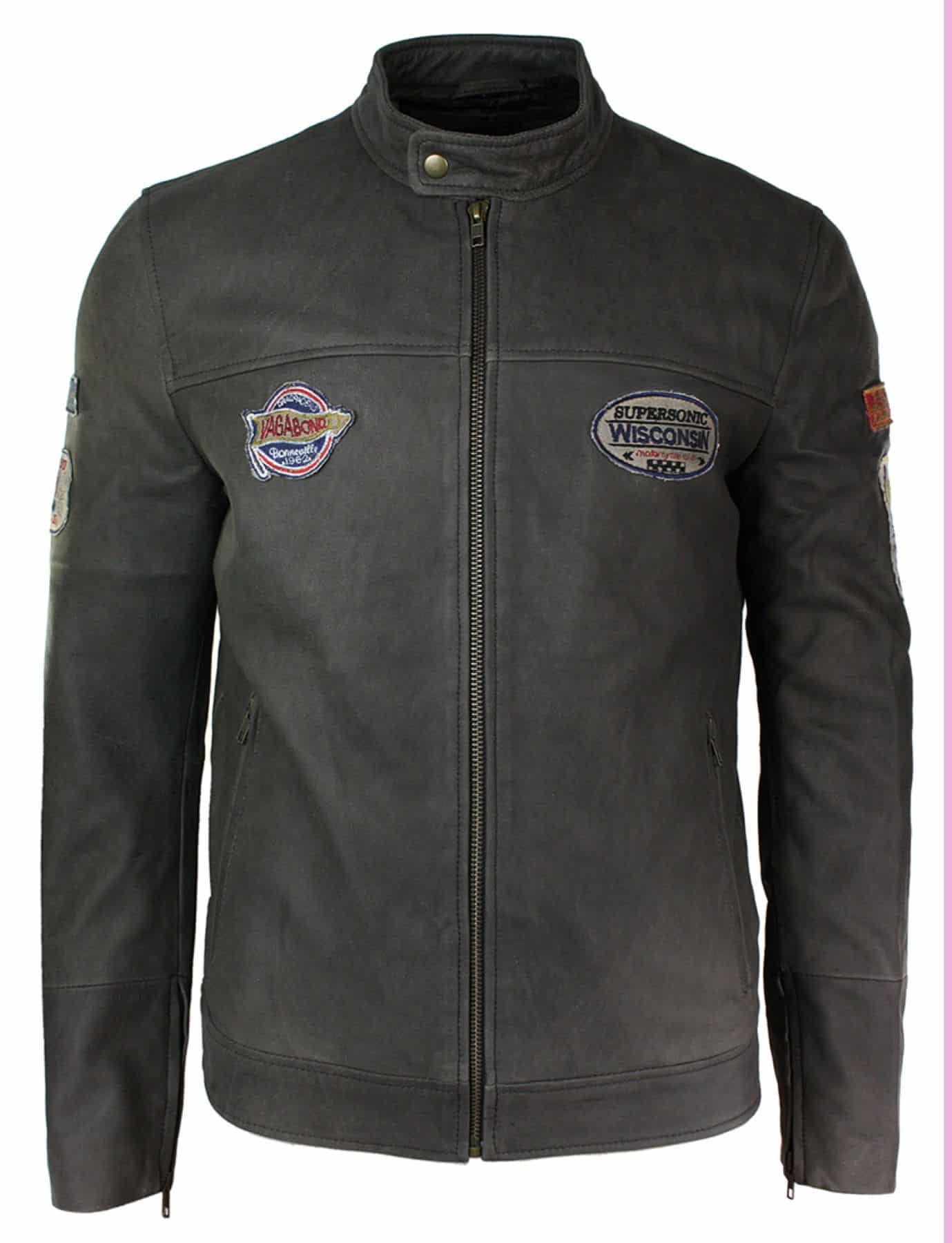 Ανδρικό Δερμάτινο Vintage Καφέ Racer Badge Biker Jacket, Πλυμένο, Στενή Γραμμή
