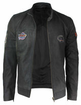 Ανδρικό Δερμάτινο Vintage Καφέ Racer Badge Biker Jacket, Πλυμένο, Στενή Γραμμή