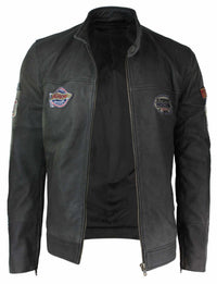 Ανδρικό Δερμάτινο Vintage Καφέ Racer Badge Biker Jacket, Πλυμένο, Στενή Γραμμή