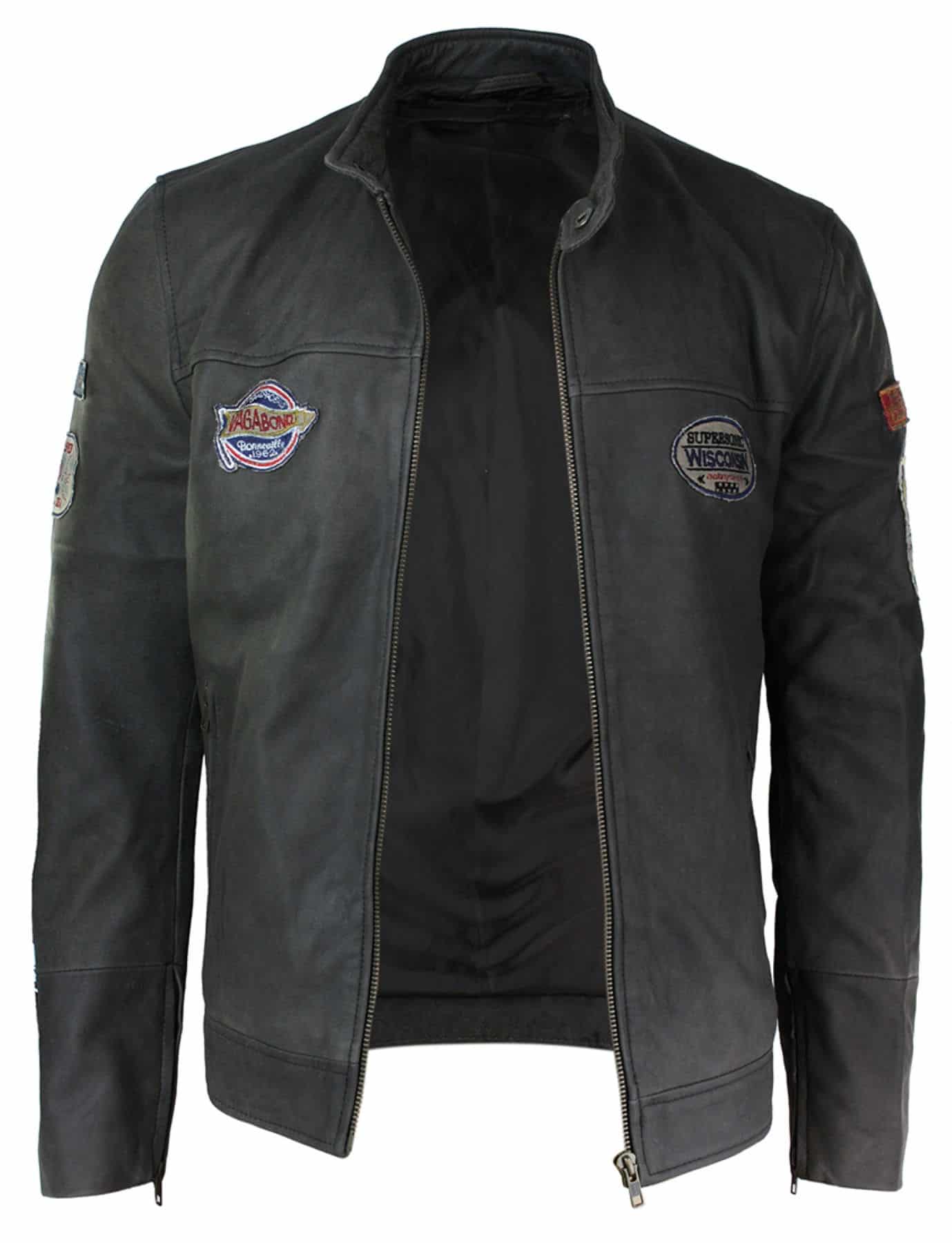 Ανδρικό Δερμάτινο Vintage Καφέ Racer Badge Biker Jacket, Πλυμένο, Στενή Γραμμή