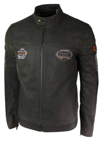 Ανδρικό Δερμάτινο Vintage Καφέ Racer Badge Biker Jacket, Πλυμένο, Στενή Γραμμή