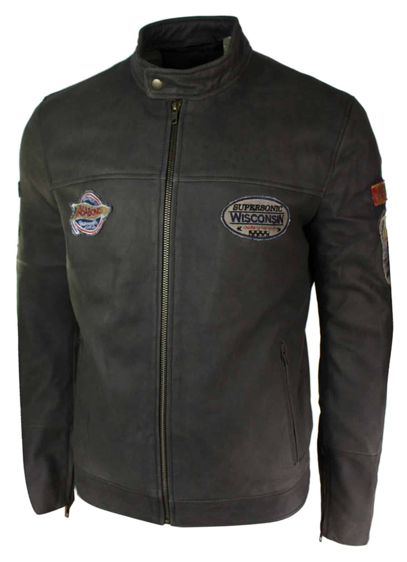 Ανδρικό Δερμάτινο Vintage Καφέ Racer Badge Biker Jacket, Πλυμένο, Στενή Γραμμή