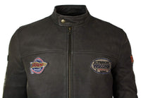 Ανδρικό Δερμάτινο Vintage Καφέ Racer Badge Biker Jacket, Πλυμένο, Στενή Γραμμή