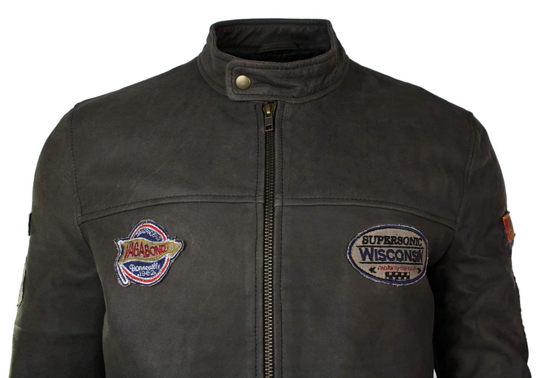 Ανδρικό Δερμάτινο Vintage Καφέ Racer Badge Biker Jacket, Πλυμένο, Στενή Γραμμή