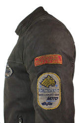 Ανδρικό Δερμάτινο Vintage Καφέ Racer Badge Biker Jacket, Πλυμένο, Στενή Γραμμή