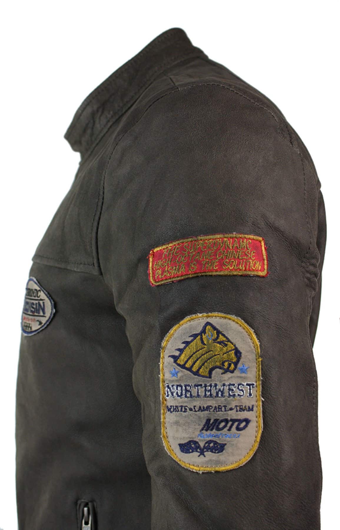 Ανδρικό Δερμάτινο Vintage Καφέ Racer Badge Biker Jacket, Πλυμένο, Στενή Γραμμή
