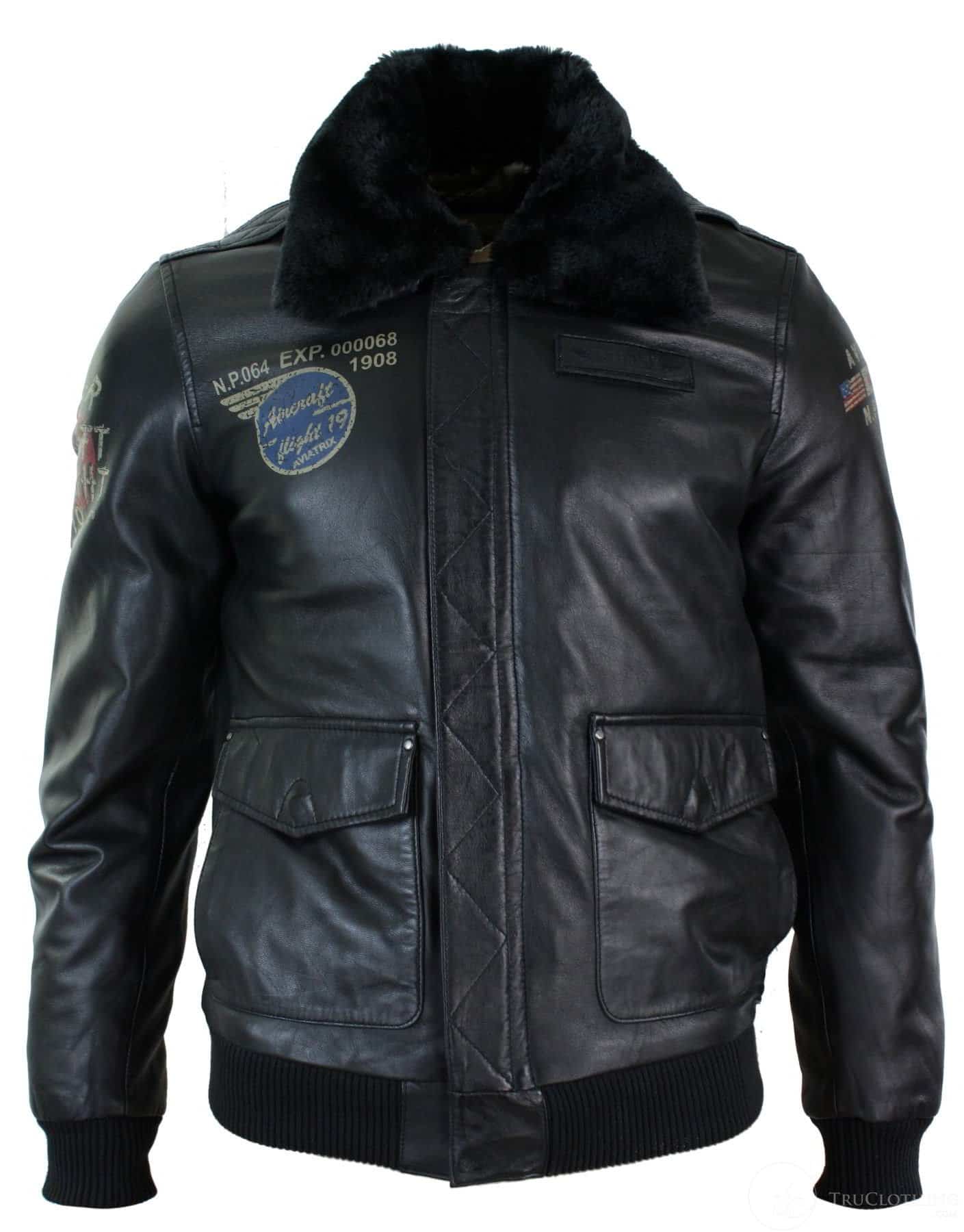 Ανδρικό μπουφάν Pilot με γούνινο γιακά και γιακά Aviator σε στενή γραμμή, από γνήσιο δέρμα