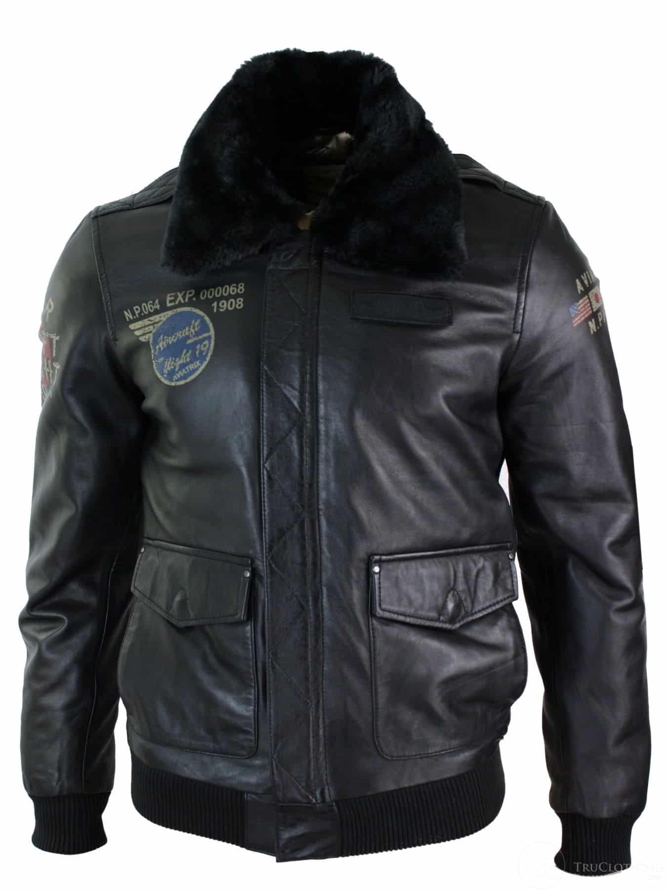 Ανδρικό μπουφάν Pilot με γούνινο γιακά και γιακά Aviator σε στενή γραμμή, από γνήσιο δέρμα