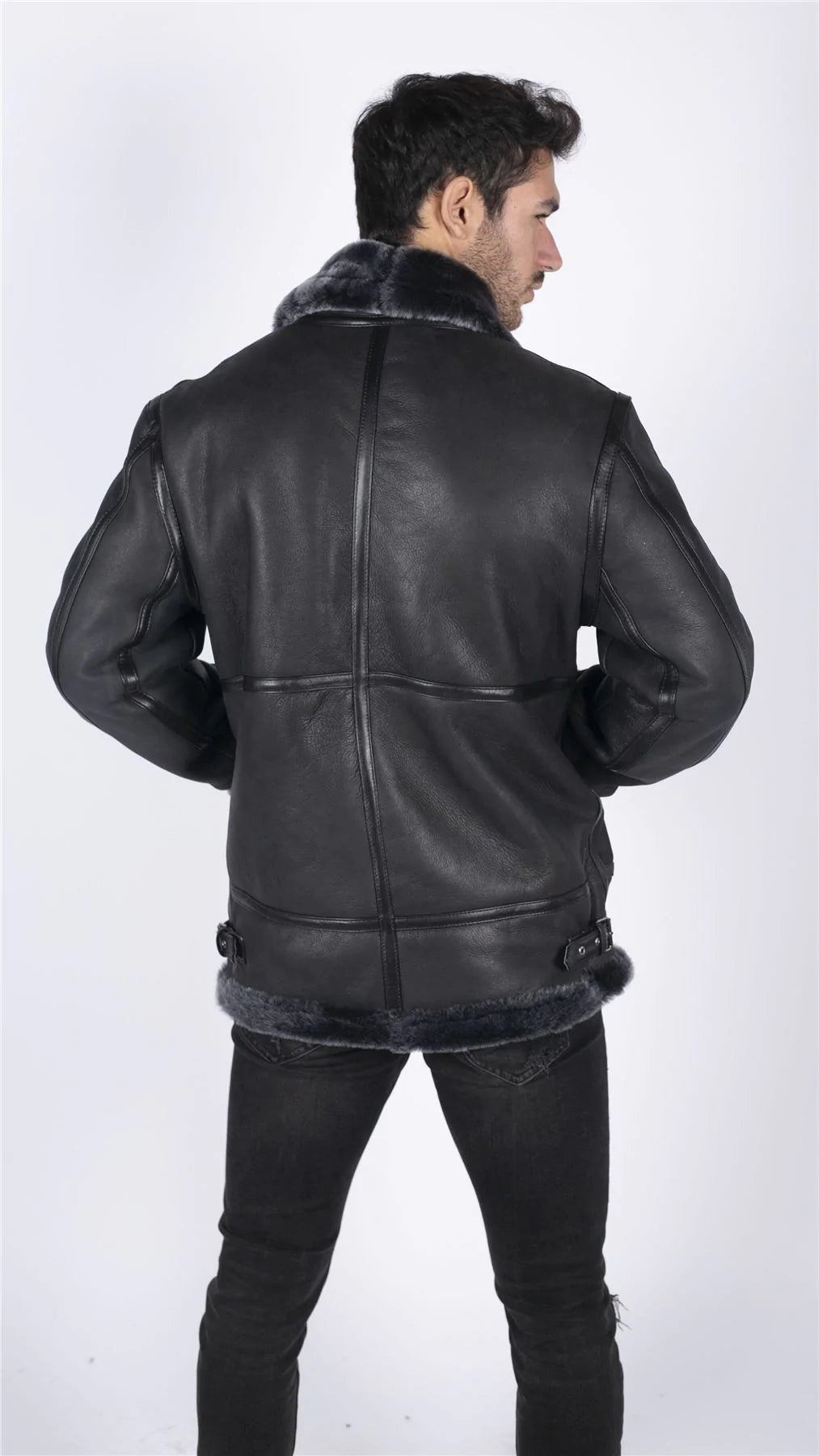 Ανδρικό μπουφάν B3 Flying Aviator από γνήσιο δέρμα προβάτου, μαύρο, γκρι, με γούνα