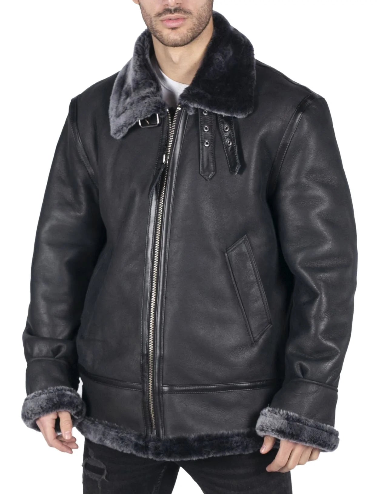 Ανδρικό μπουφάν B3 Flying Aviator από γνήσιο δέρμα προβάτου, μαύρο, γκρι, με γούνα