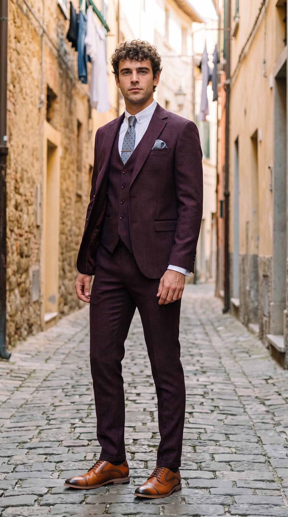 Look #310 styled with Regent - Ανδρικό Καρό Κοστούμι 3 Τεμαχίων με Κρασί και Σχέδιο Prince Of Wales