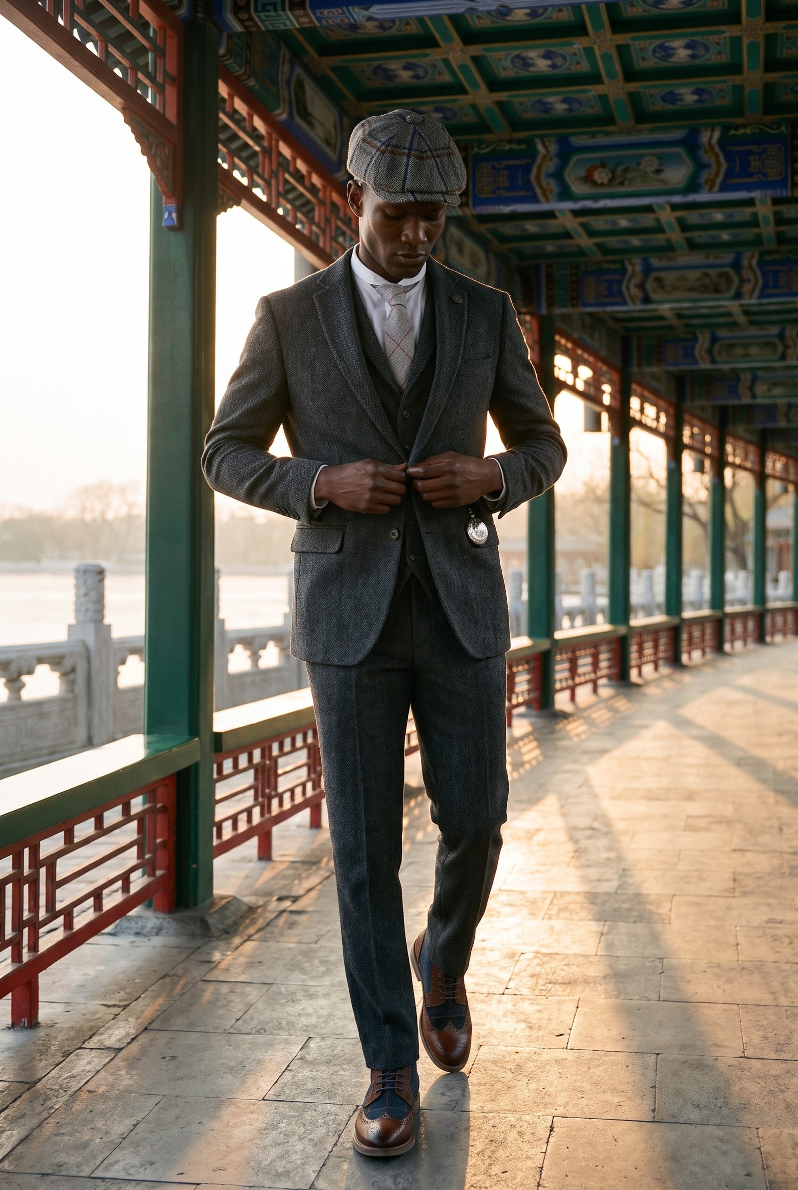 Look #881 styled with Ανδρικό κοστούμι 3 τεμαχίων από τουίντ σε χρώμα ανθρακί γκρι - STZ11
