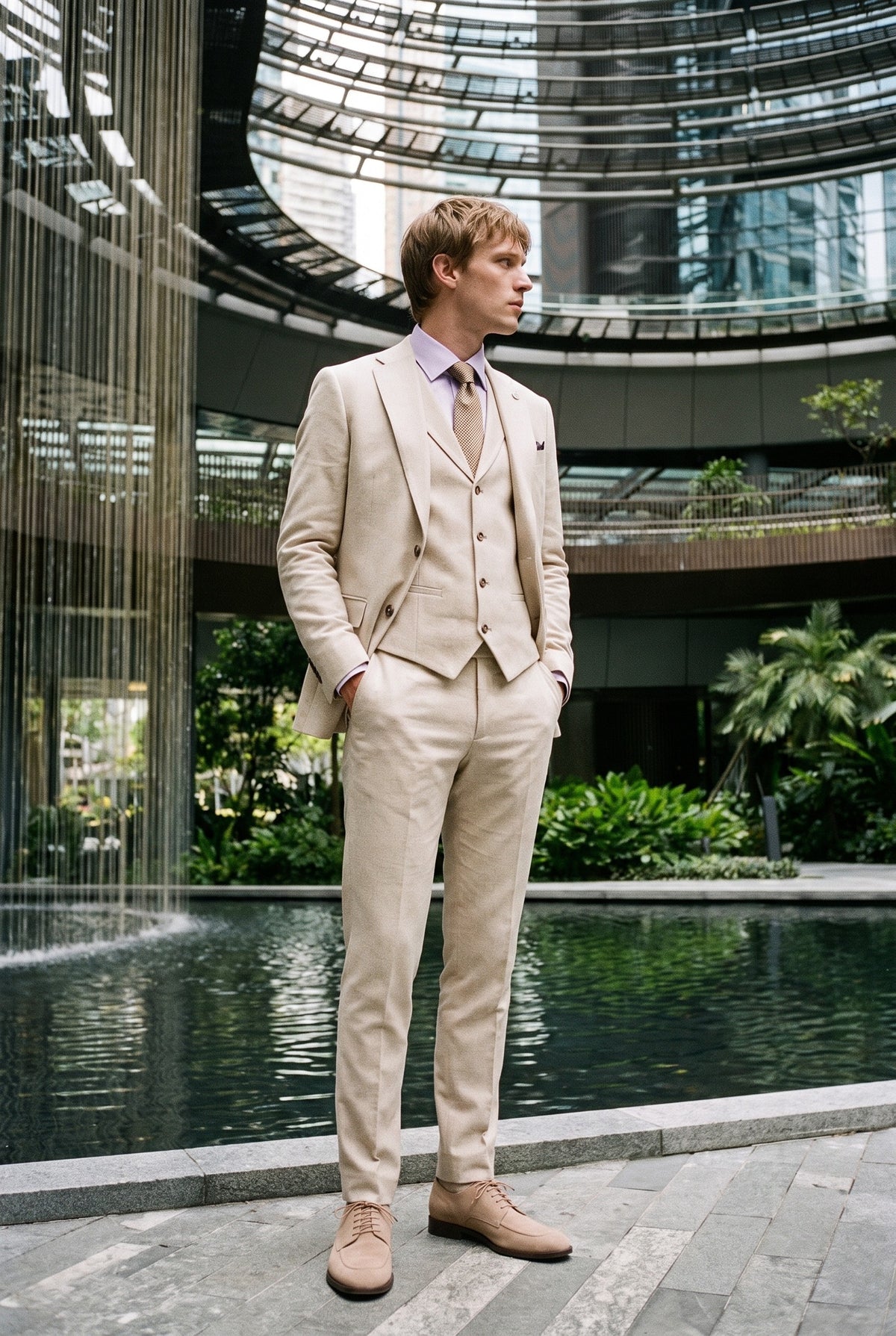 Look #948 styled with TP-21 Ανδρικό Μπεζ Κοστούμι Νυφικού 3 Τεμαχίων από Λινό Καλοκαιρινό