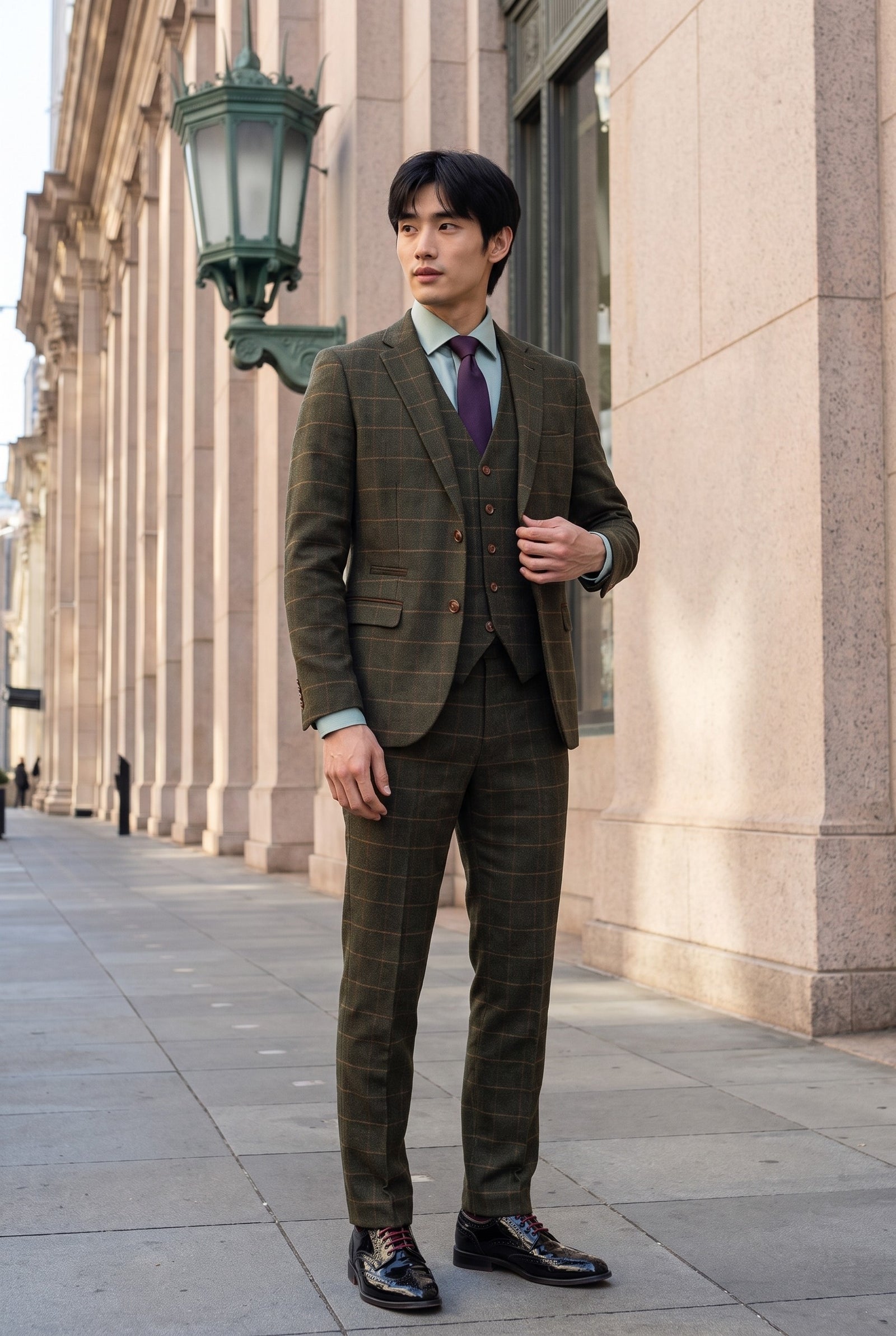 Look #509 styled with Harris - Πράσινο Ανδρικό Κοστούμι 3 Τεμαχίων από Μαλλί και Τουίντ