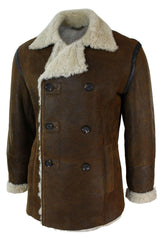 Ανδρικό μπουφάν Real Shearling από δέρμα προβάτου Γερμανικού Ναυτικού με διπλό στήθος, vintage καφέ