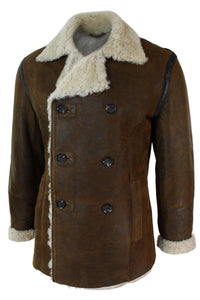 Ανδρικό μπουφάν Real Shearling από δέρμα προβάτου Γερμανικού Ναυτικού με διπλό στήθος, vintage καφέ