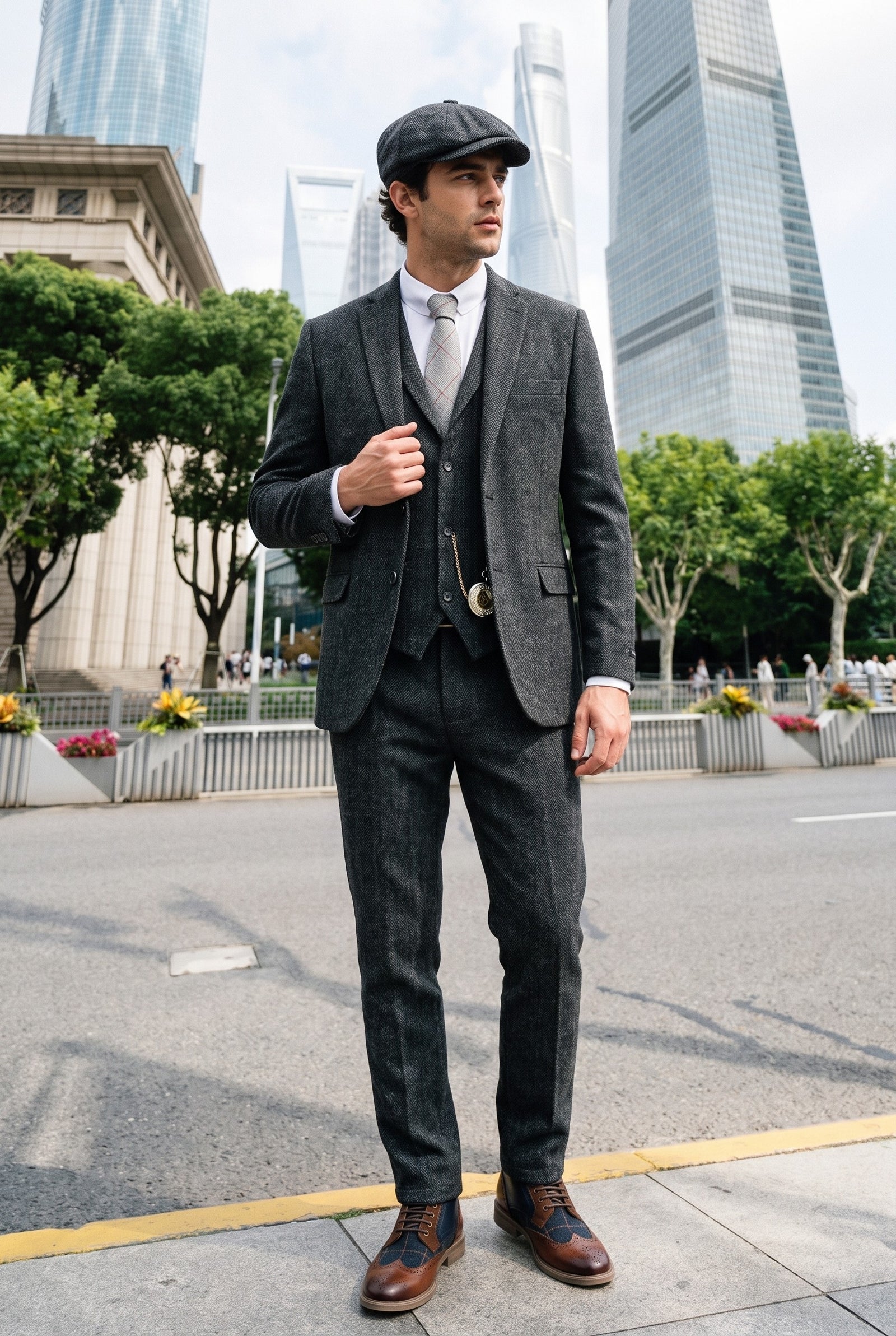 Look #882 styled with Ανδρικό κοστούμι 3 τεμαχίων από τουίντ σε χρώμα ανθρακί γκρι - STZ11