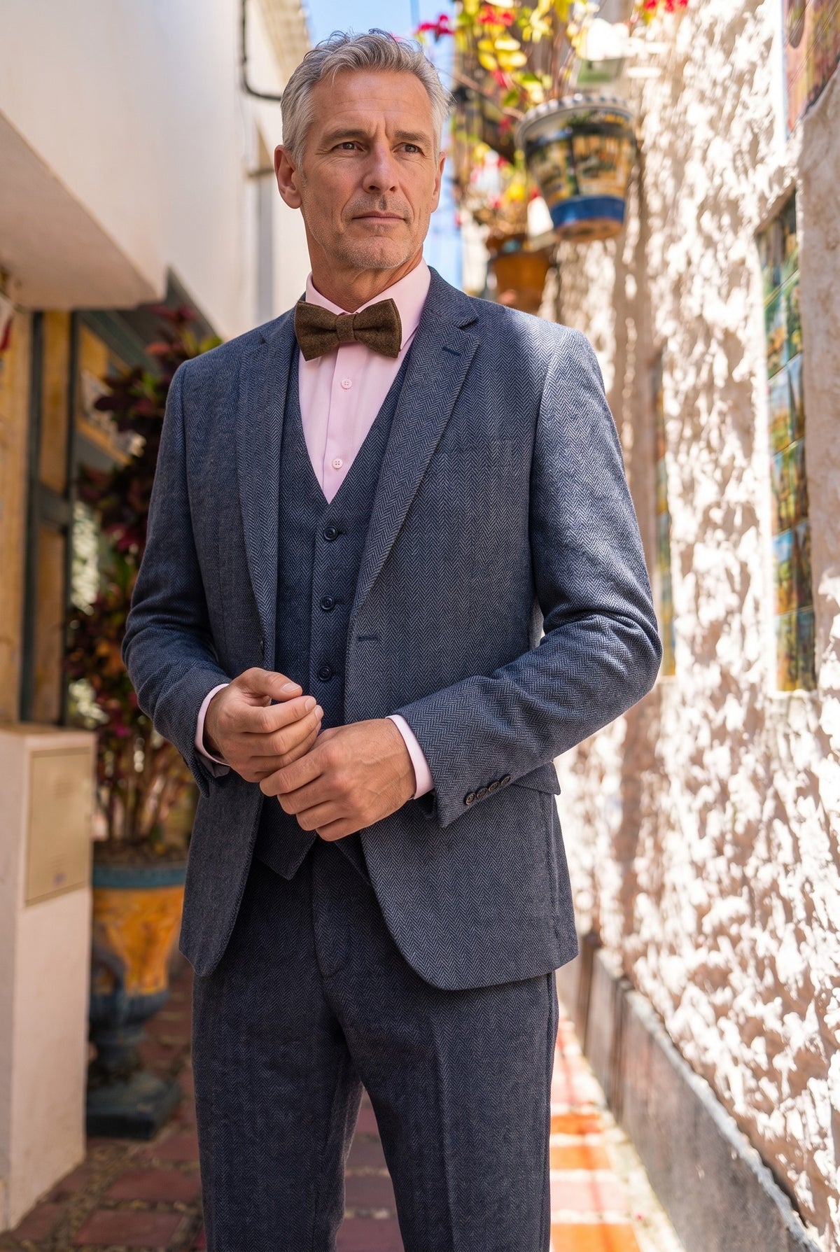 Look #956 styled with Thomas - Ανδρικό κοστούμι 3 τεμαχίων από μπλε τουίντ, μείγμα μαλλιού