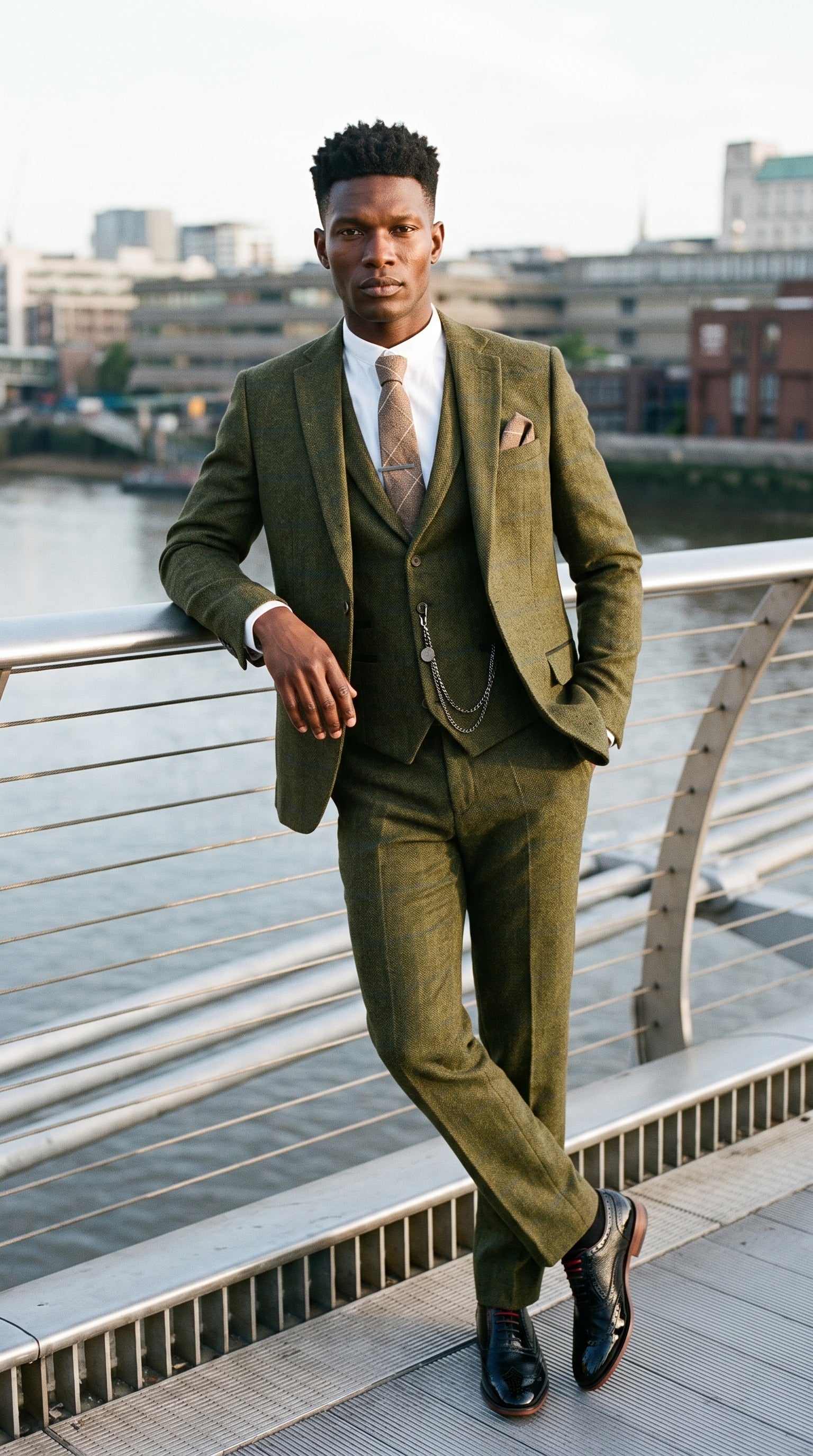 Look #715 styled with Ανδρικό κοστούμι 3 τεμαχίων από μάλλινο τουίντ, πράσινο, μπλε, καφέ, καρό, Gatsby της δεκαετίας του 1920