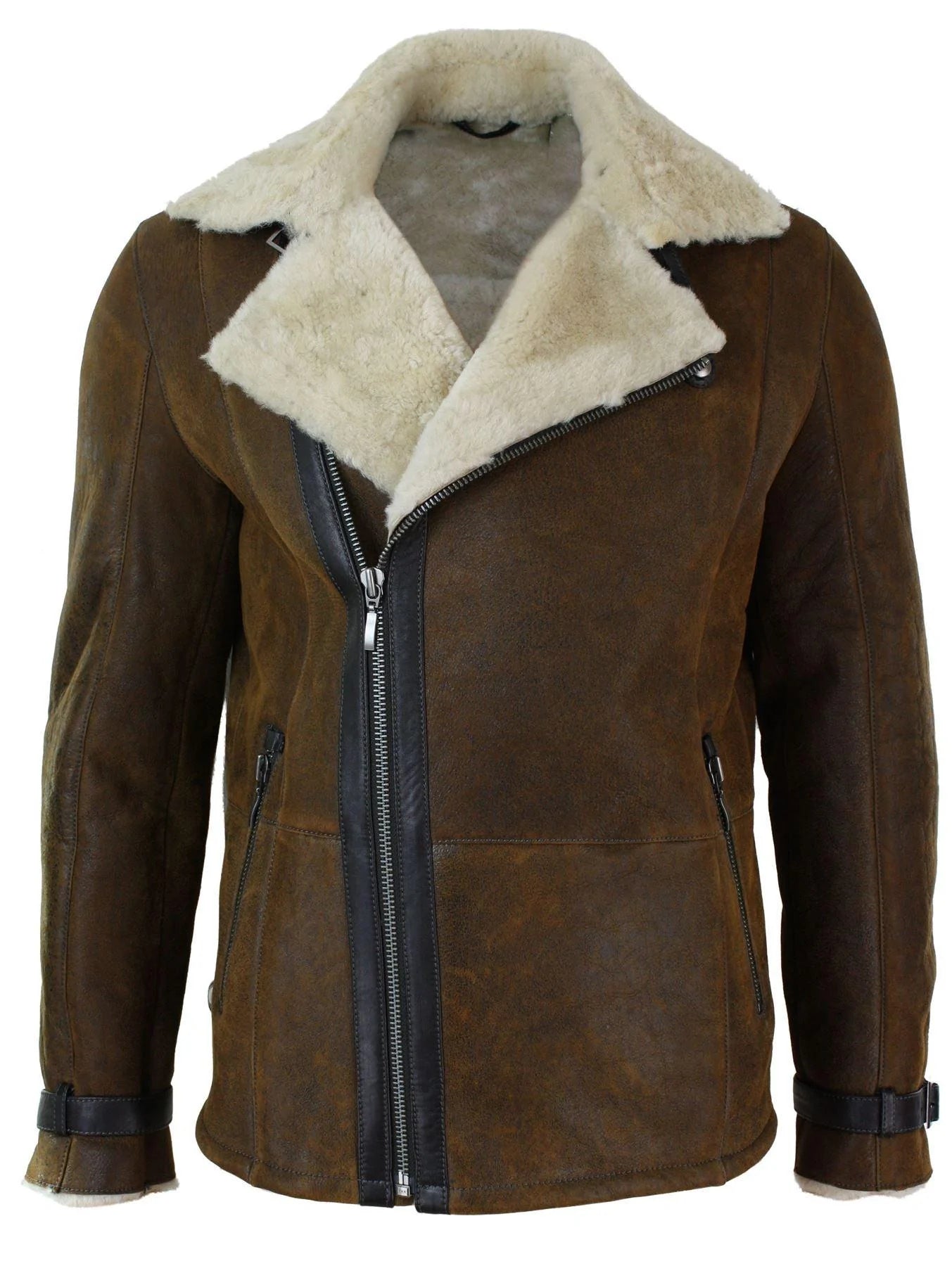 Ανδρικό Χειμερινό Μπουφάν Real Sherling Vintage Sheepskin Tan Brown με Σταυρωτό Φερμουάρ