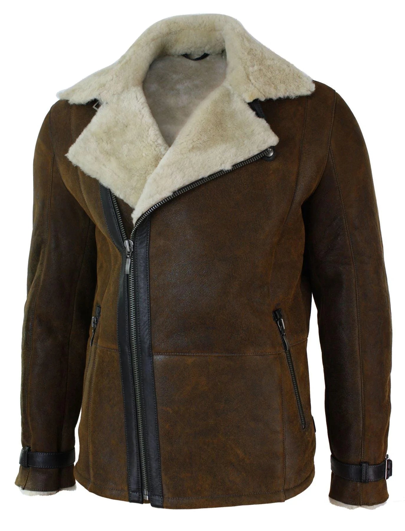 Ανδρικό Χειμερινό Μπουφάν Real Sherling Vintage Sheepskin Tan Brown με Σταυρωτό Φερμουάρ