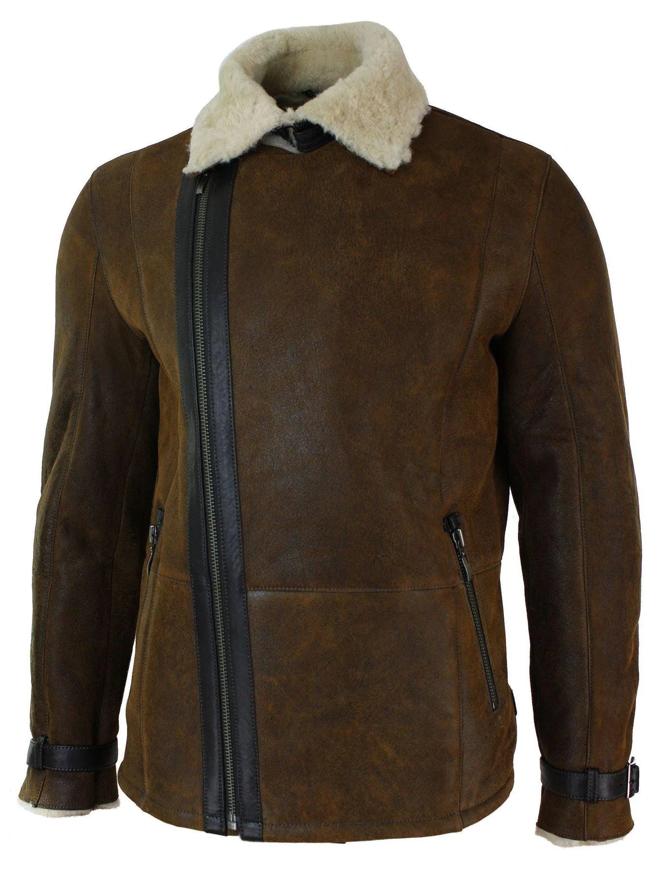 Ανδρικό Χειμερινό Μπουφάν Real Sherling Vintage Sheepskin Tan Brown με Σταυρωτό Φερμουάρ