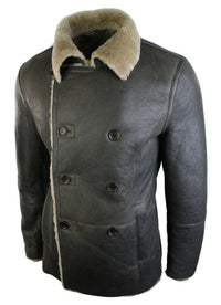 Ανδρικό μπουφάν Real Shearling από δέρμα προβάτου Γερμανικού Ναυτικού με διπλό στήθος, vintage καφέ