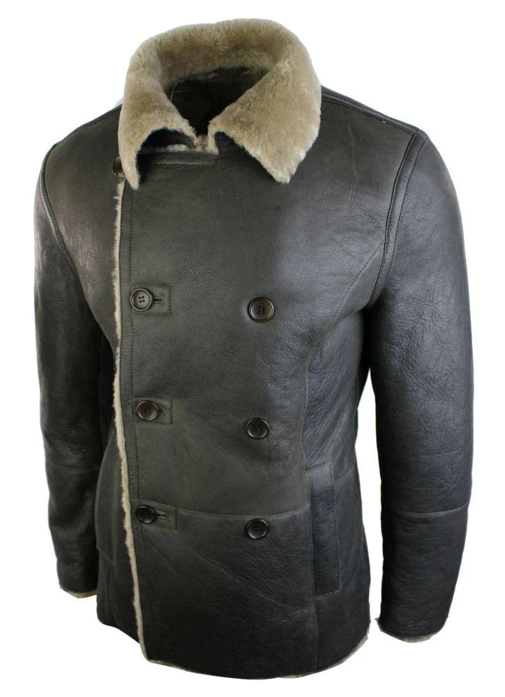 Ανδρικό μπουφάν Real Shearling από δέρμα προβάτου Γερμανικού Ναυτικού με διπλό στήθος, vintage καφέ