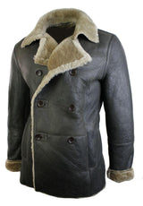 Ανδρικό μπουφάν Real Shearling από δέρμα προβάτου Γερμανικού Ναυτικού με διπλό στήθος, vintage καφέ