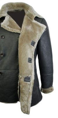 Ανδρικό μπουφάν Real Shearling από δέρμα προβάτου Γερμανικού Ναυτικού με διπλό στήθος, vintage καφέ