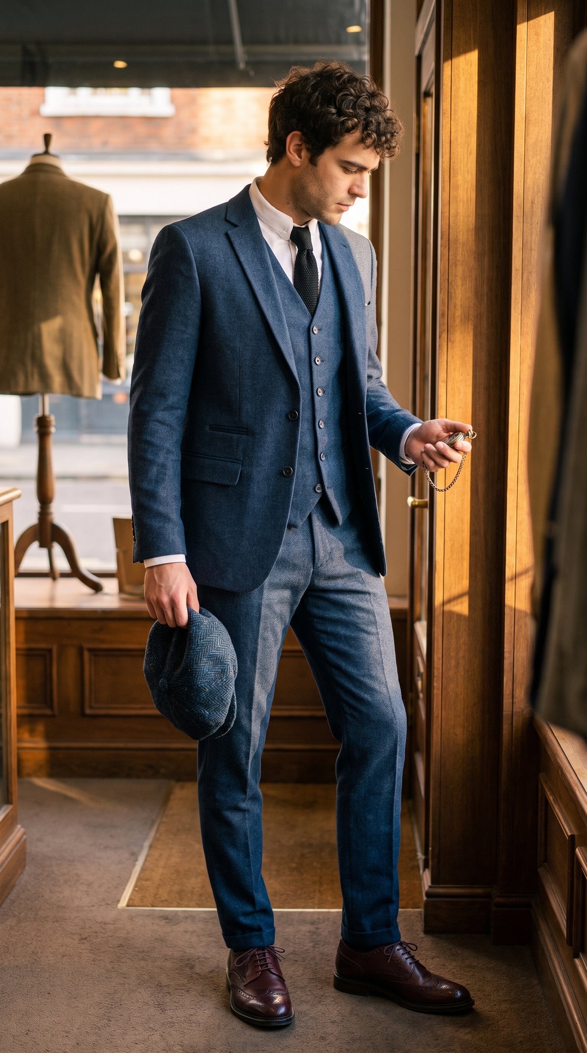 Look #828 styled with Ανδρικό μάλλινο κοστούμι Peaky Blinders σε μπλε σκούρο χρώμα