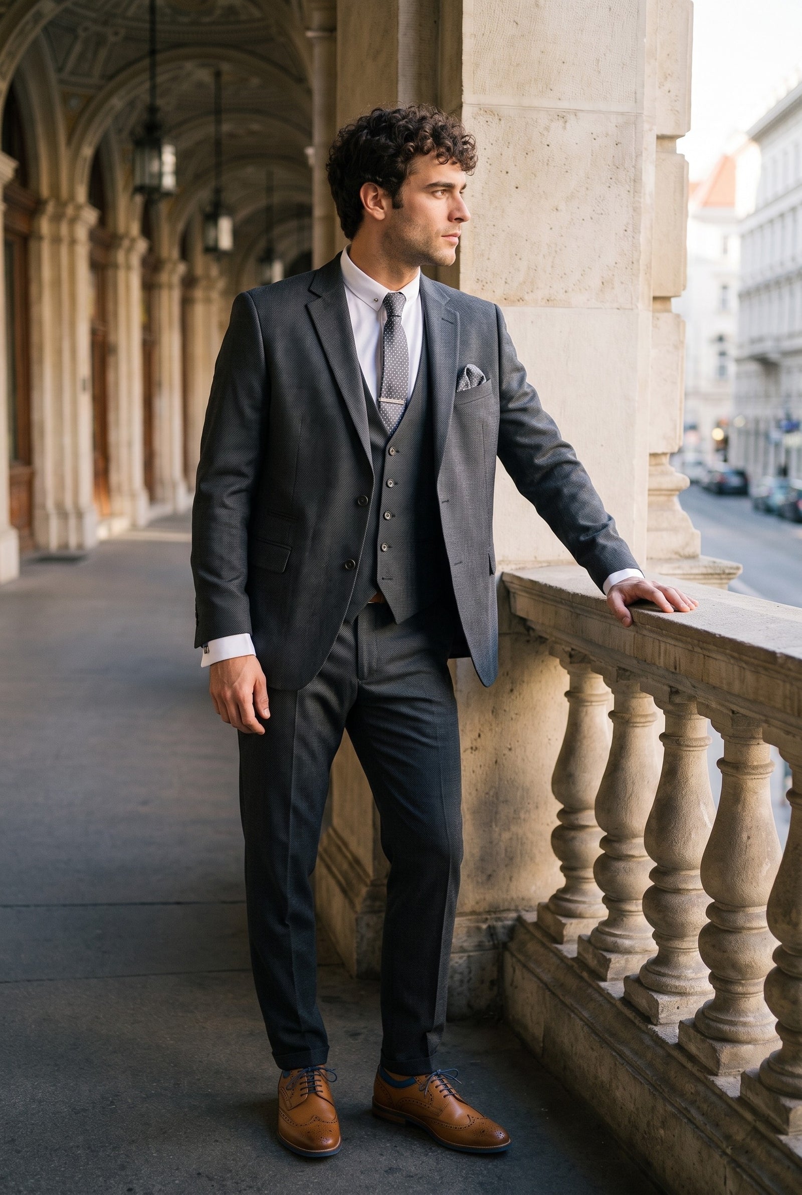 Look #272 styled with Ανδρικό κλασικό κοστούμι IM1 σε 3 τεμάχια, σε απόχρωση ανθρακί, απλό και προσαρμοσμένο.