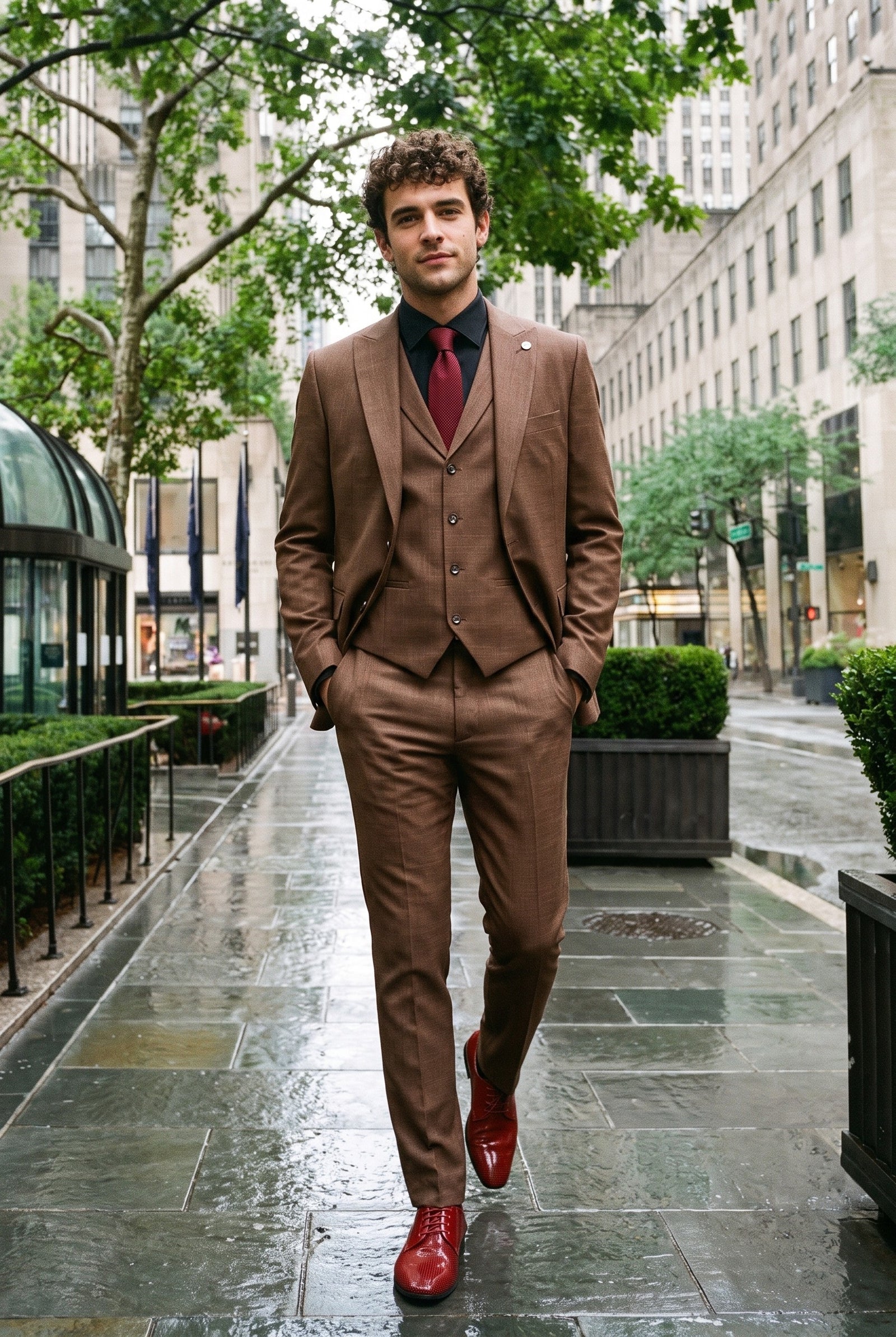 Look #284 styled with Ανδρικό απλό καφέ κοστούμι James 3 τεμαχίων με κλασική εφαρμογή