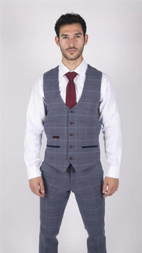 Ανδρικό Γιλέκο Marc Darcy Μπλε Γκρι Κόκκινο Καρό Smart Casual Tweed Στενή Γραμμή Drake