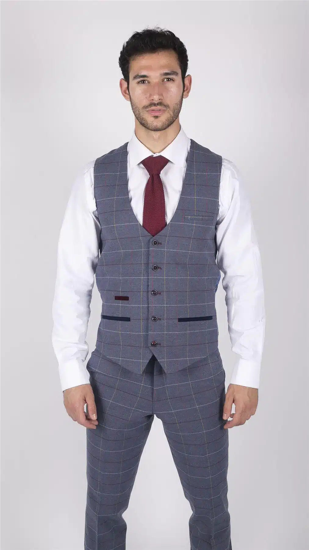 Ανδρικό Γιλέκο Marc Darcy Μπλε Γκρι Κόκκινο Καρό Smart Casual Tweed Στενή Γραμμή Drake