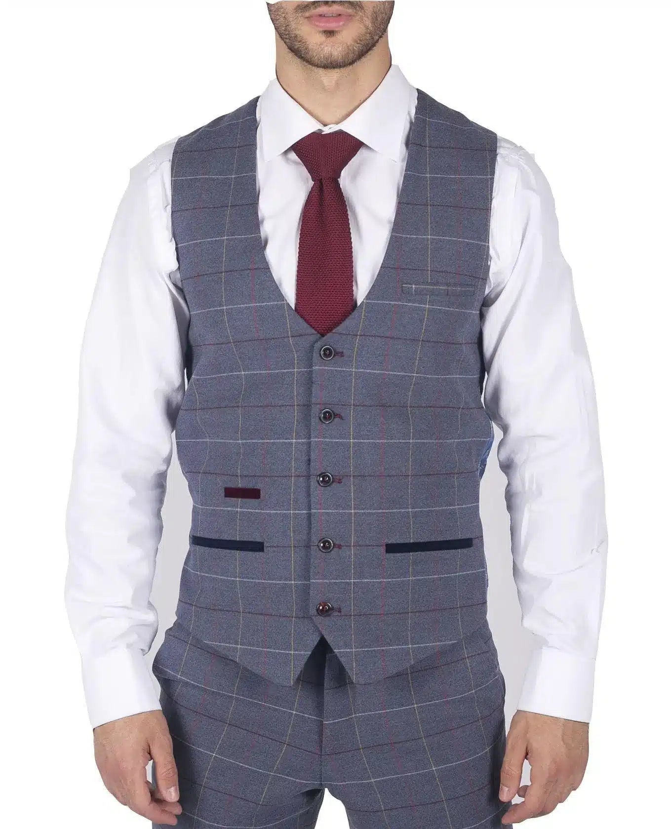 Ανδρικό Γιλέκο Marc Darcy Μπλε Γκρι Κόκκινο Καρό Smart Casual Tweed Στενή Γραμμή Drake