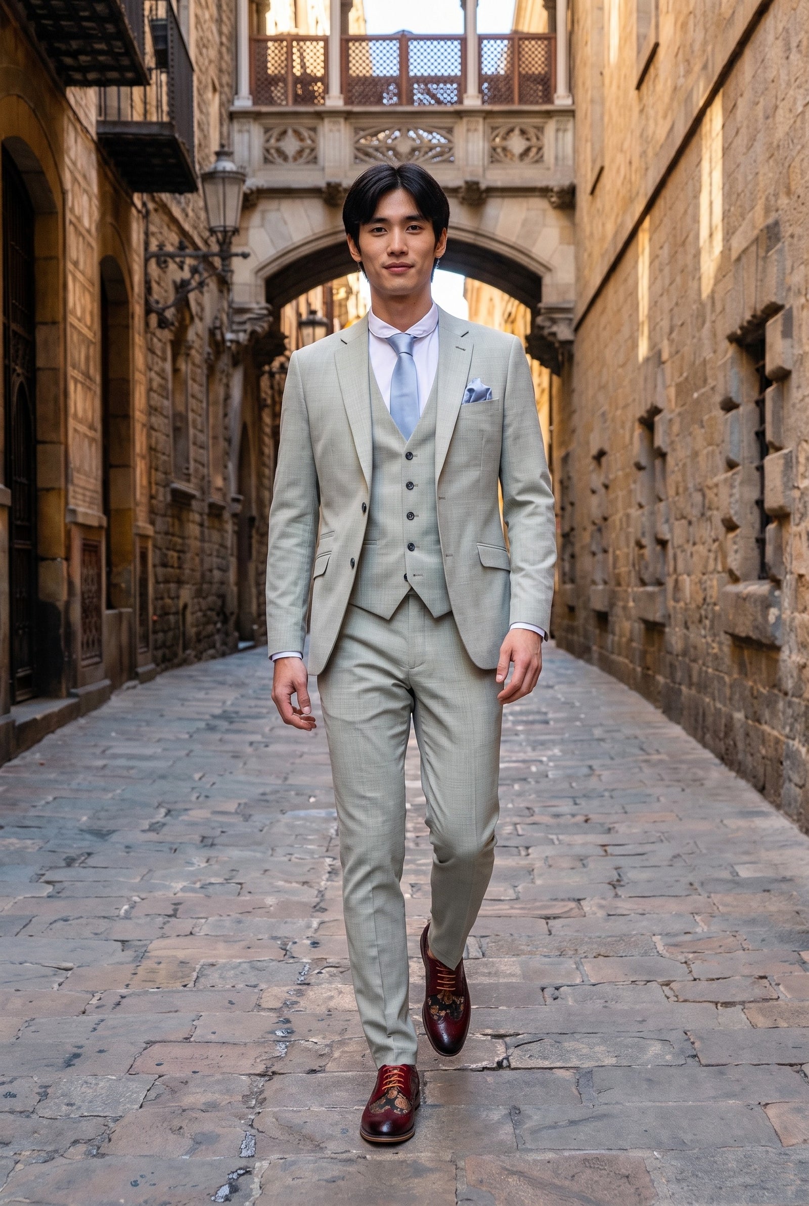 Look #238 styled with Camden - Ανδρικό Κοστούμι 3 Τεμαχίων σε Πράσινο Φασκόμηλο με Ραφές