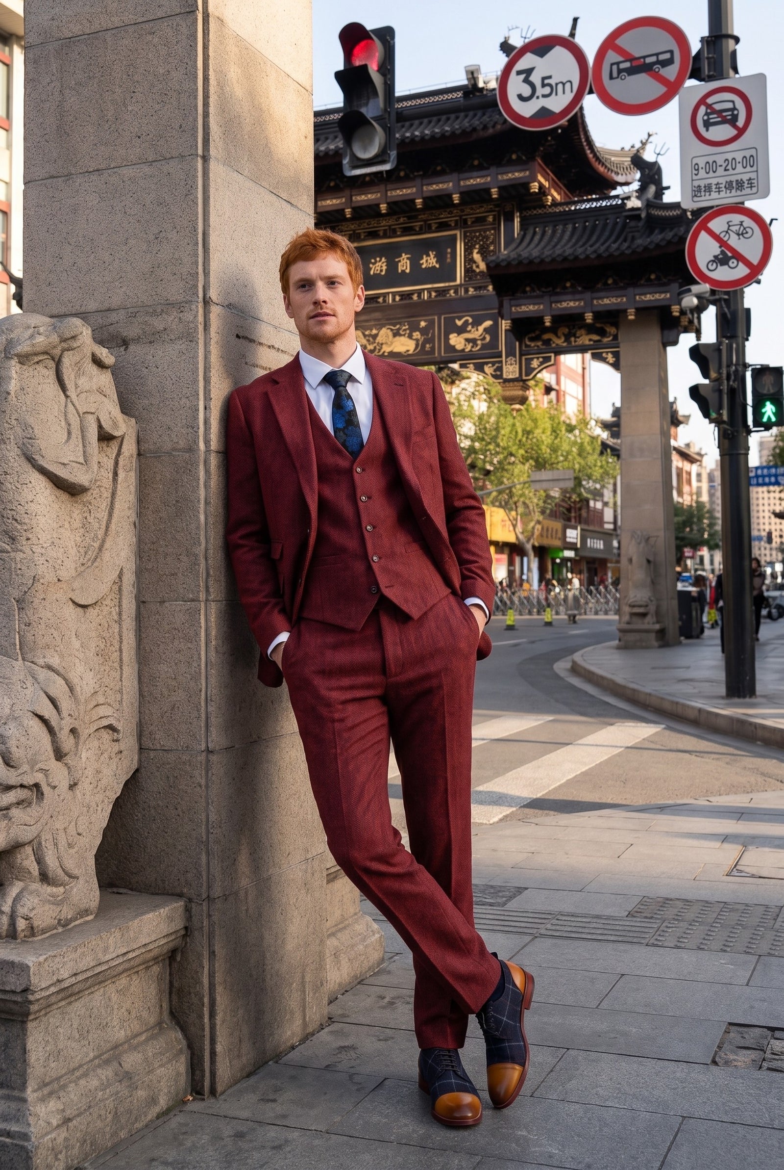 Look #271 styled with Ανδρικό κοστούμι 3 τεμαχίων από τουίντ σε χρώμα ψαροκόκαλο, καφέ-καφέ - STZ11