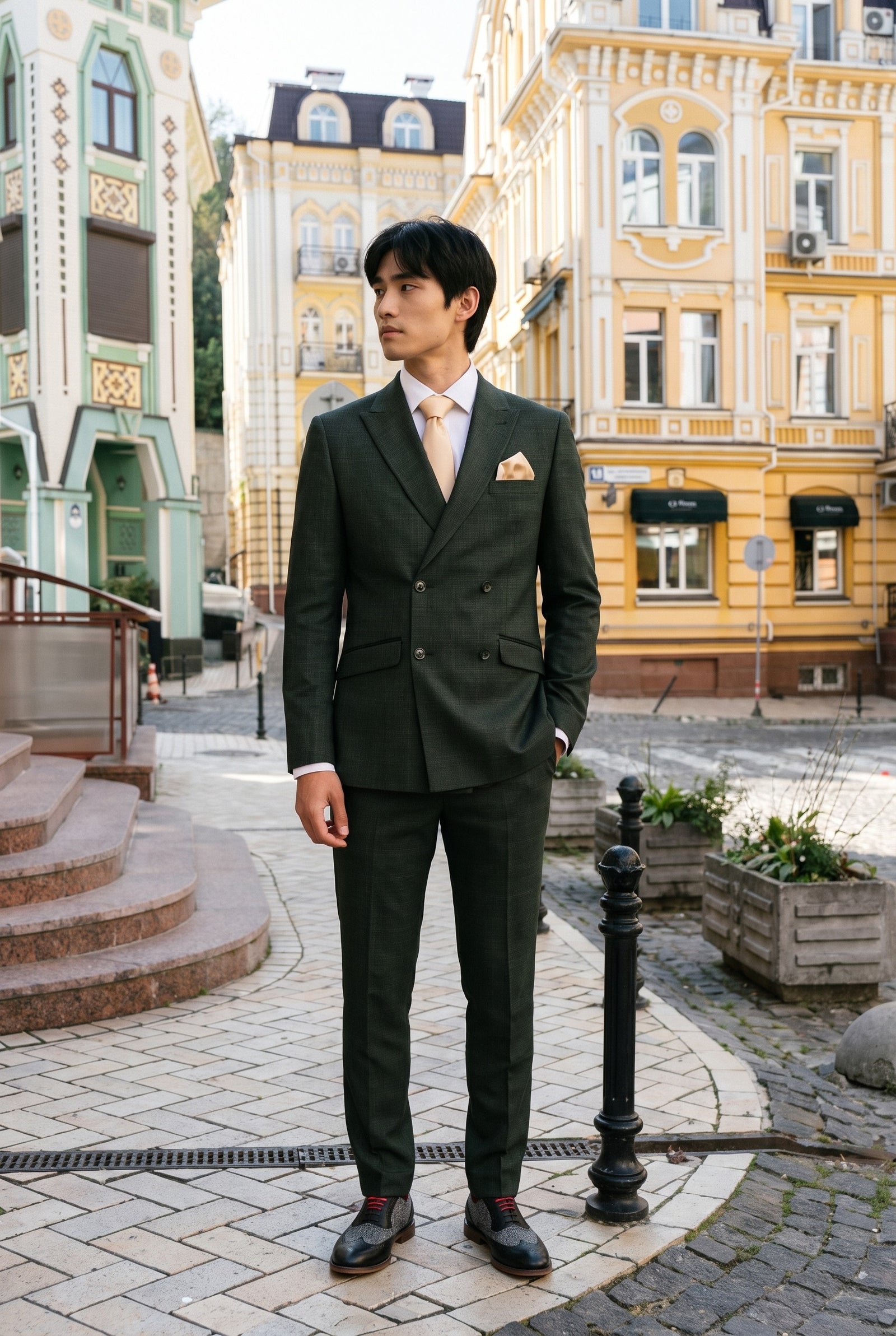 Look #780 styled with Caridi - Ανδρικό Σταυρωτό Κοστούμι 2 Τεμαχίων σε Λαδί Χρώμα