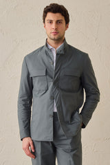 Ανδρικό κοστούμι 2 τεμαχίων Sage Green Smart Casual με γιακά σε στυλ Safari και ελαστικό γιακά